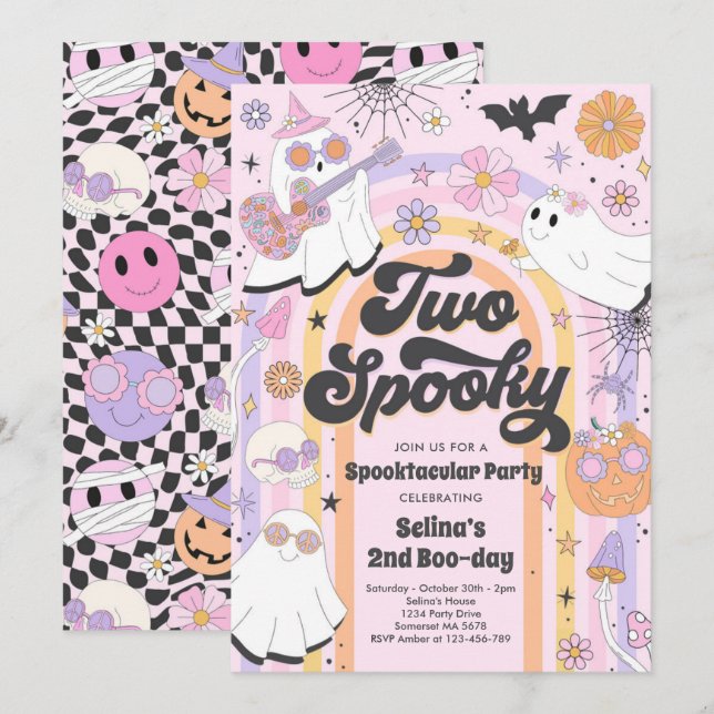 Two Spooky Halloween Groovy Ghost 2nd Birthday Invitation (Front/Back)