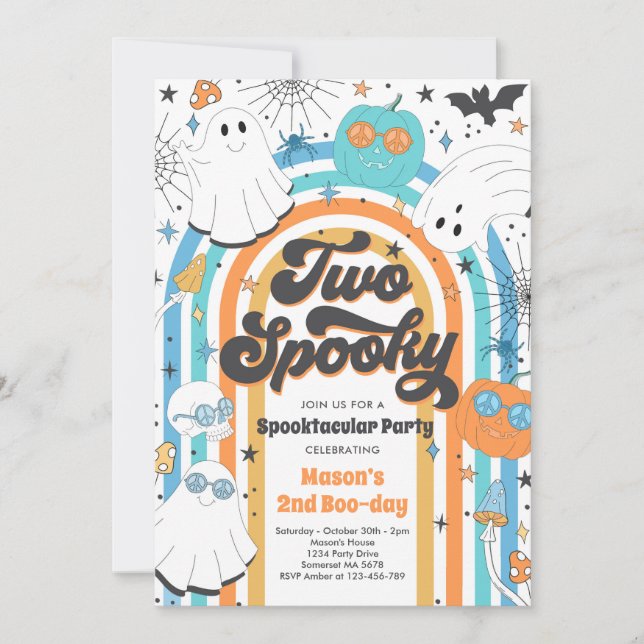 Two Spooky Halloween Groovy Ghost 2nd Birthday Invitation (Front)
