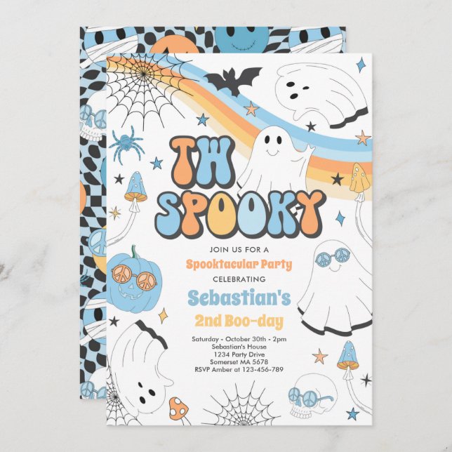 Two Spooky Halloween Groovy Ghost 2nd Birthday Invitation (Front/Back)