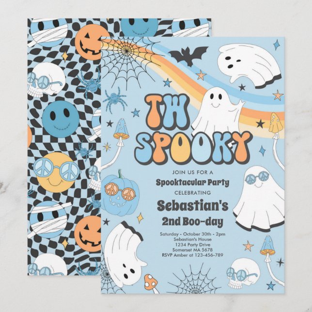 Two Spooky Halloween Groovy Ghost 2nd Birthday Invitation (Front/Back)