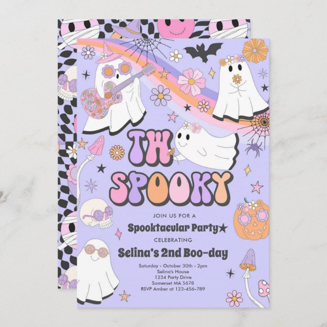 Two Spooky Halloween Groovy Ghost 2nd Birthday Invitation (Front/Back)