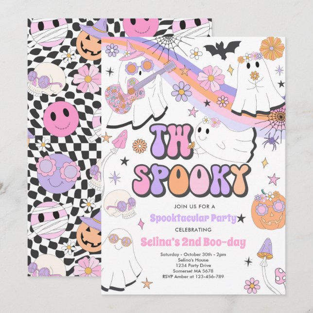 Two Spooky Halloween Groovy Ghost 2nd Birthday Invitation (Front/Back)
