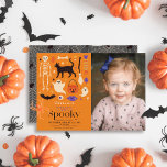 Two Spooky Halloween Orange 2nd Birthday Photo Invitation<br><div class="desc">This cute "spooky one" halloween gender-neural 2nd/second photo birthday invitation features an orange background with Halloween motifs including a black cat, bat, ghosts, pumpkin, candy, broomstick, skeleton, vampire lips, and eyeball. The reverse side features a dark grey background with spider web patterns. Personalize it for your needs. You can find...</div>