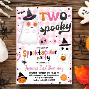 Two Spooky Halloween Pink Cute Ghost 2nd Birthday  Invitation