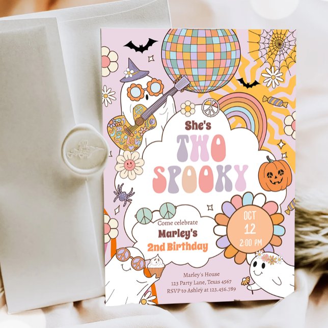 Two Spooky Retro Halloween Girl Second Birthday Invitation (Creator Uploaded)