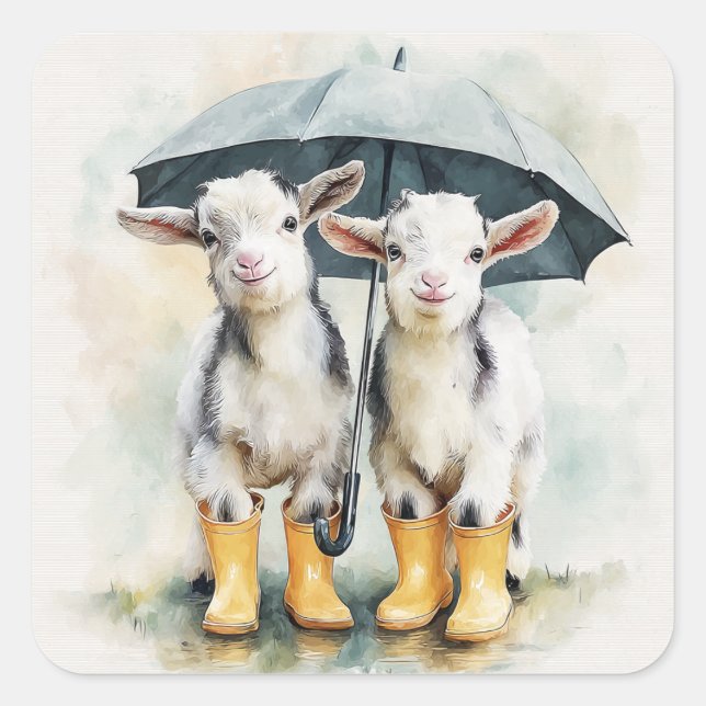 Two Spotted Baby Goats on a Rainy Day Square Sticker (Front)
