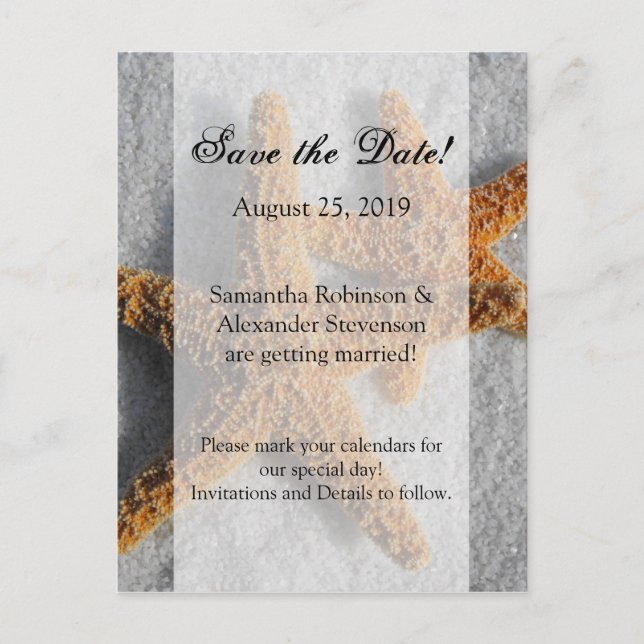 Two Starfish & Sand, Beach Wedding Save the Date Announcement Postcard (Front)