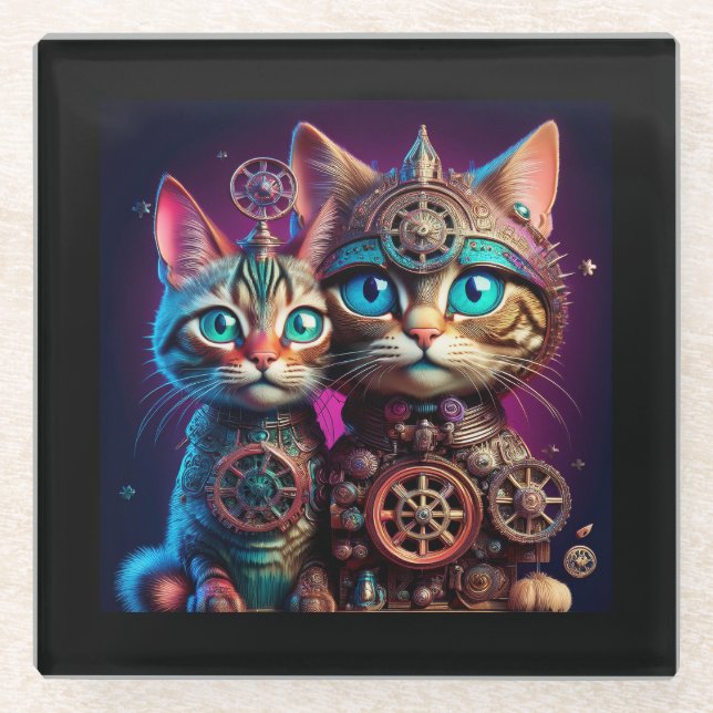 Two Steampunk Kittens Pose Glass Coaster (Front)