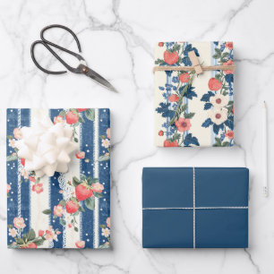 Two Strawberry and One Solid Color Wrapping Paper Sheet