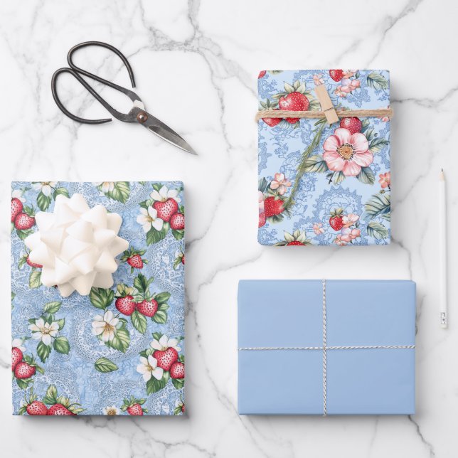 Two Strawberry and One Solid Colour Wrapping Paper Sheet (Front)
