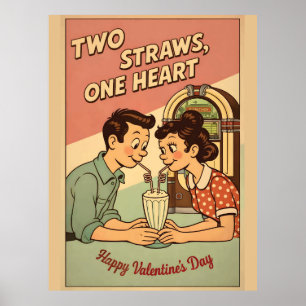 Two Straws One Heart Retro Soda Shop Milkshake Val Poster