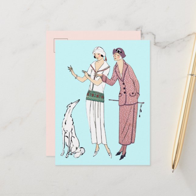 Two Stylish 1920s Women and a Dog Postcard (Front/Back In Situ)