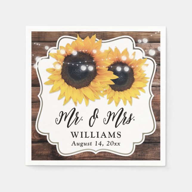 Two Sunflowers String Lights Barn Wood Wedding Napkin (Front)