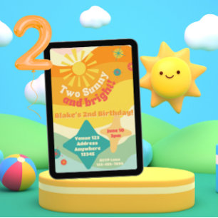 Two Sunny & Bright, Colourful Sun 2nd Birthday Invitation