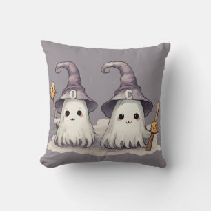 Two Super Cute Ghosts Witches Hats Grey Halloween Throw Pillow