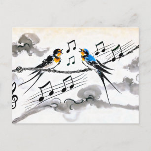 Two Swallows Singing on a Power Line in Chinese Postcard