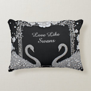 Two Swans In Love With Sparkling Flowers Accent Pillow