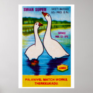 Two Swans Matchbox Art Print, Indian Vintage Folk Poster