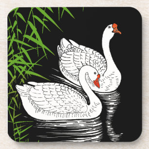 Two Swans on a Pool - White on a Black Background Coaster