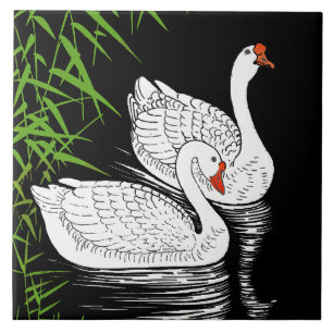Two Swans on a Pool - White on a Black Background  Tile