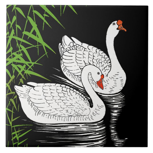 Two Swans on a Pool - White on a Black Background  Tile (Front)