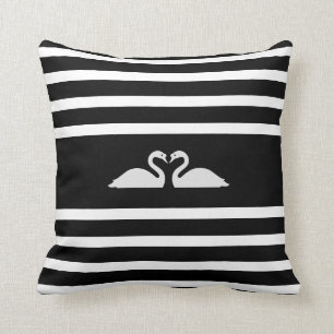 Two Swans on Black & White Striped Throw Pillow