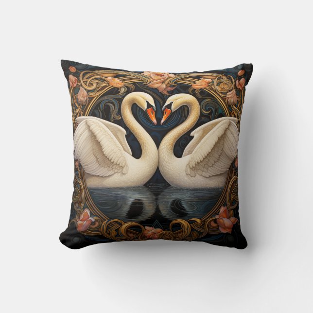 Two Swans On Lake Art Nouveau Inspired Home Decor Throw Pillow (Front)