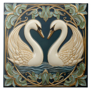 Two Swans On Lake Art Nouveau Inspired Home Decor Tile