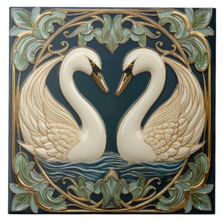 Two Swans On Lake Art Nouveau Inspired Home Decor Tile