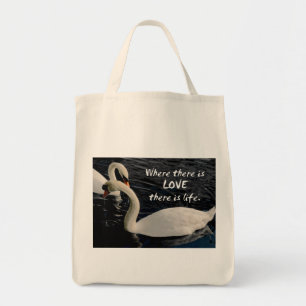 Two Swans on Lake with Love Message Tote Bag