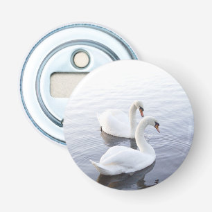 Two Swans Swimming on Tranquil Lake Bottle Opener