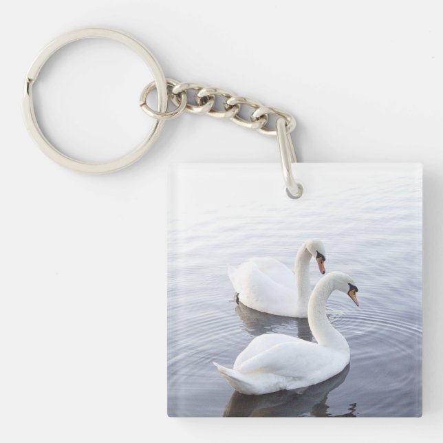 Two Swans Swimming on Tranquil Lake Keychain (Front)