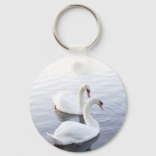 Two Swans Swimming on Tranquil Lake Keychain (Front)
