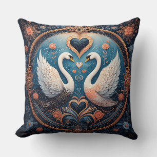 Two Swans with Floral and Ornamental Design Throw Pillow
