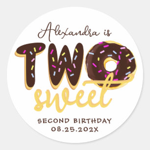 Two Sweet 2nd Birthday Doughnut Chocolate Script   Classic Round Sticker