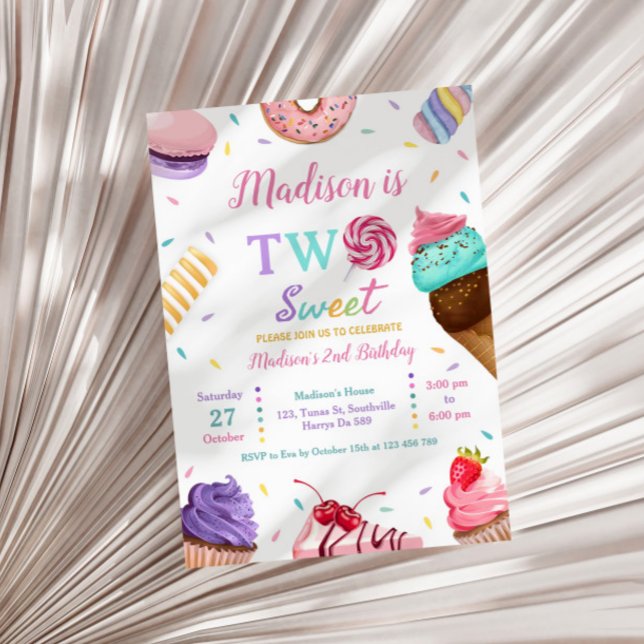 Two Sweet 2nd Birthday Ice cream, Doughnuts Party Invitation (Creator Uploaded)