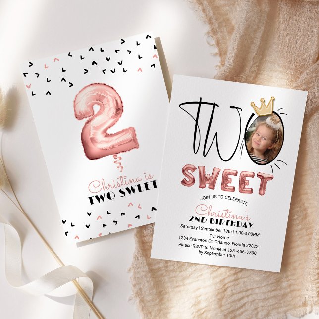 Two Sweet 2nd Birthday Party Cute Balloons Photo Invitation (Creator Uploaded)