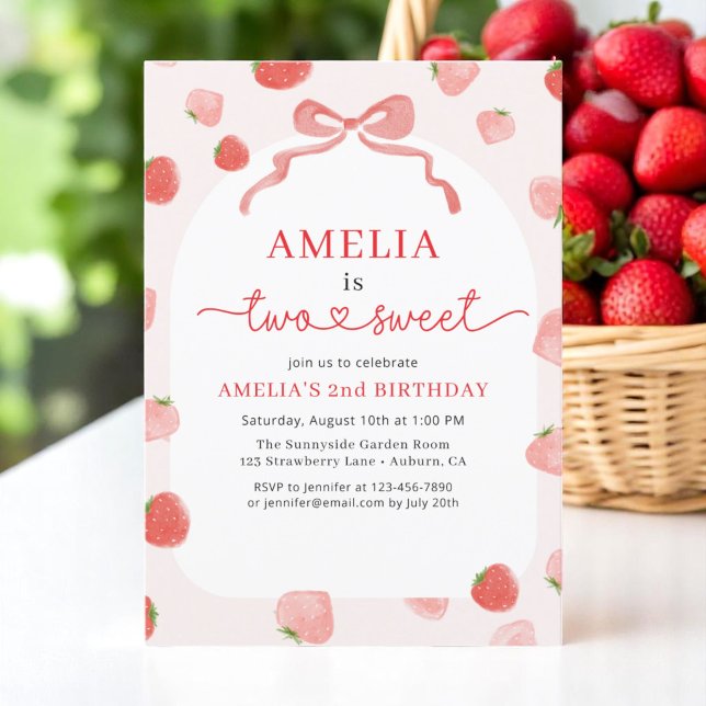 Two Sweet 2nd Bow Strawberry Girl's Birthday Invitation (Creator Uploaded)