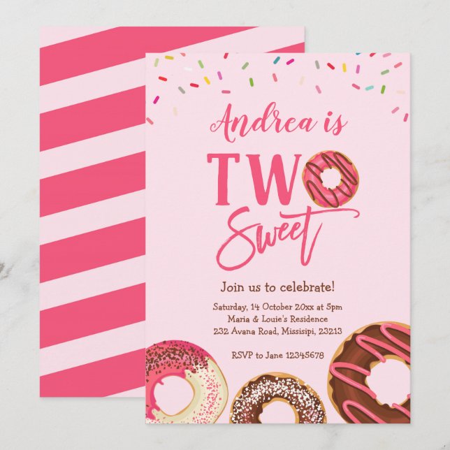 Two Sweet 2nd doughnut themed birthday invitation (Front/Back)