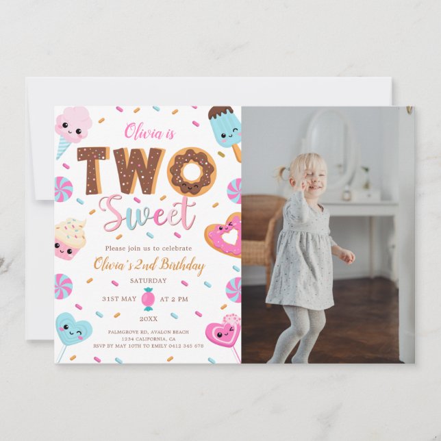 Two Sweet Birthday, 2nd Birthday Photo Girl Doughn Invitation (Front)