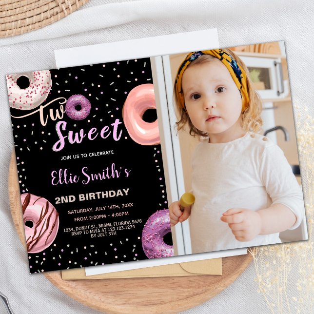 Two Sweet Black Pink Photo Doughnut Birthday Invitation (Two Sweet Black Pink Photo Donut Birthday Invitation)