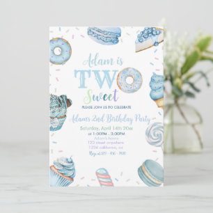Two Sweet Boy Donut Blue Desserts 2nd Birthday Invitation
