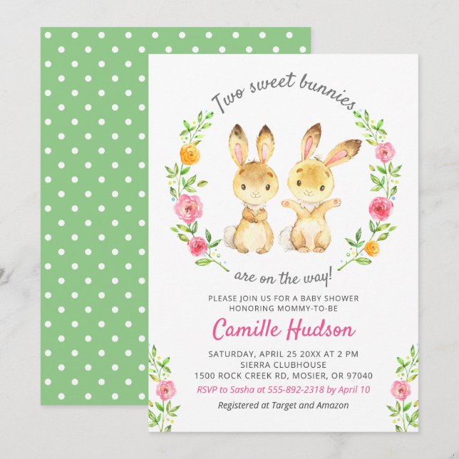 Two Sweet Bunnies On The Way Cute Twin Baby Shower Invitation (Front/Back)