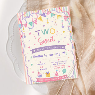 Two sweet candy pastel sweet treats 2nd birthday invitation