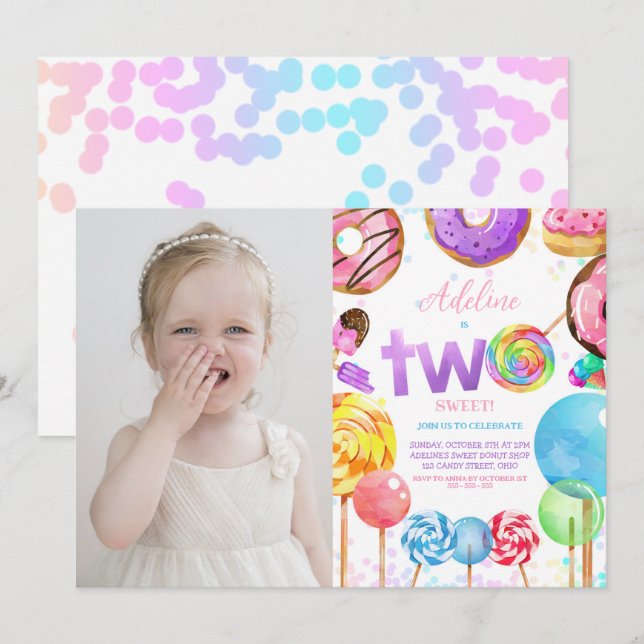 Two Sweet Candyland Colourful 2nd Birthday Photo Invitation (Front/Back)