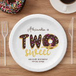 Two Sweet Chocolate Doughnut Second Birthday Scrip Paper Plate<br><div class="desc">For a second birthday with the theme Two Sweet / doughnuts / sweets. The letters in TWO are covered in chocolate frosting with colourful sprinkles. The O is a chocolate covered doughnut. Under that that, the word "sweet" is written in a beige handwriting script. Above that image, in smaller brown...</div>