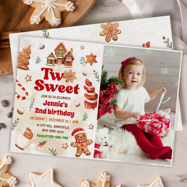 Two Sweet Christmas Cookie 2nd Birthday Photo Invitation (Creator Uploaded)