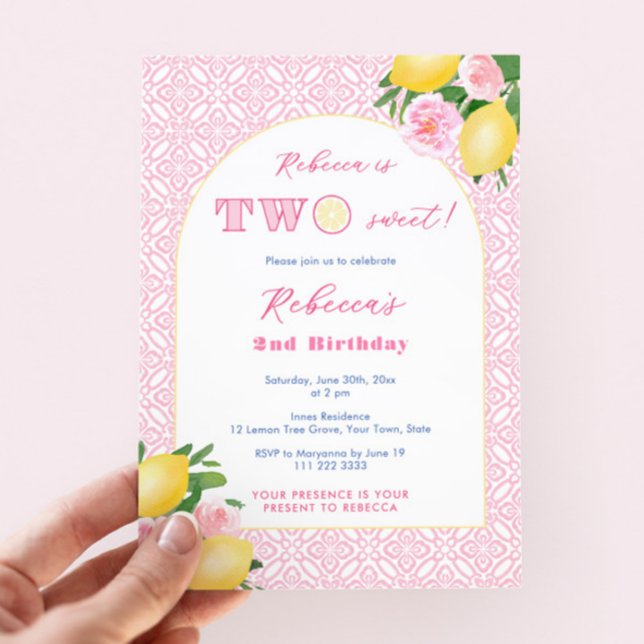 Two Sweet Citrus Pink Flowers 2nd Birthday Party Invitation (Two sweet lemons 2nd birthday party invitations for girl featuring watercolor pink florals and tiles)