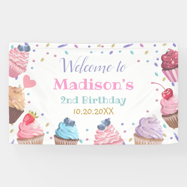 Two Sweet Cupcake 2nd Birthday Party Backdrop Banner (Horizontal)