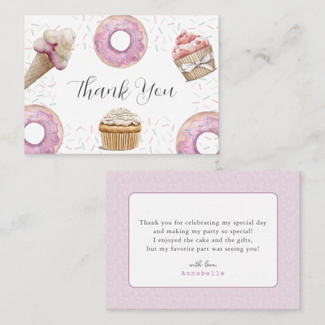 Two Sweet Cupcake & Donuts 2nd Birthday Thank You Card (Front/Back)